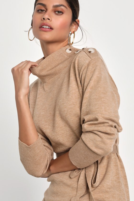 Heather Beige Knit Dress - Midi Sweater Dress - Mock Neck