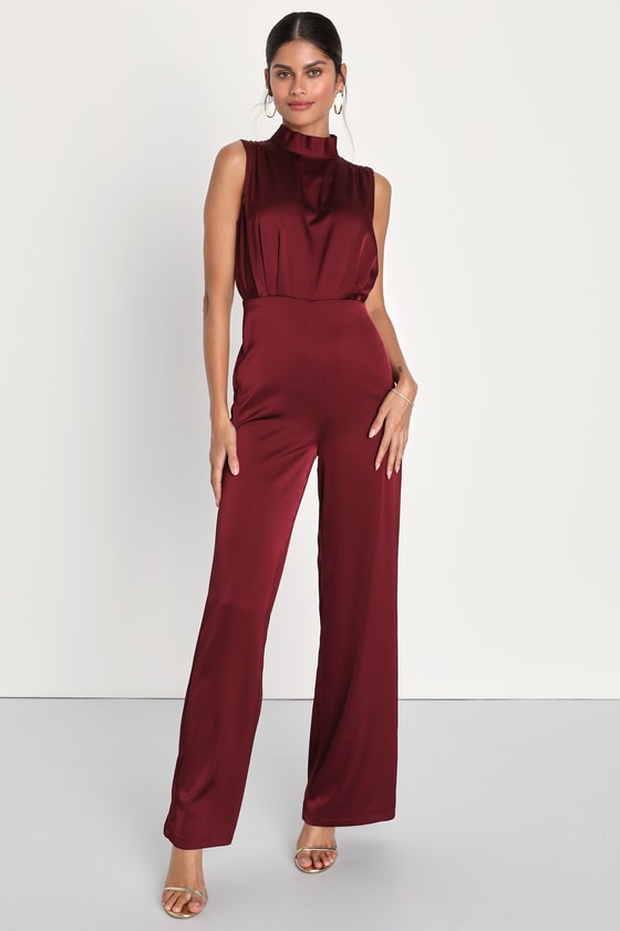 Red Satin Jumpsuit - Sleeveless Jumpsuit -Mock Neck Jumpsuit - Lulus