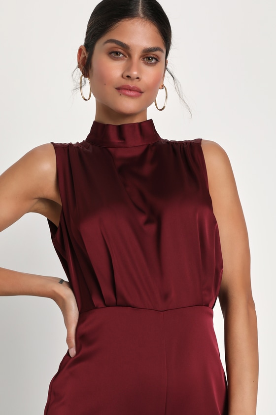 Classic Elegance Wine Red Satin Sleeveless Mock Neck Jumpsuit - thumbnail 2