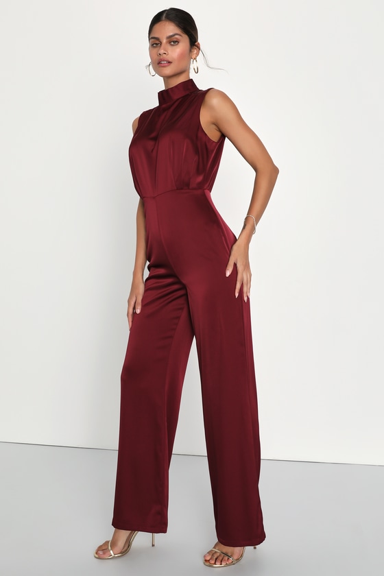 Classic Elegance Wine Red Satin Sleeveless Mock Neck Jumpsuit - thumbnail 4