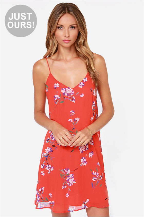 red floral slip dress