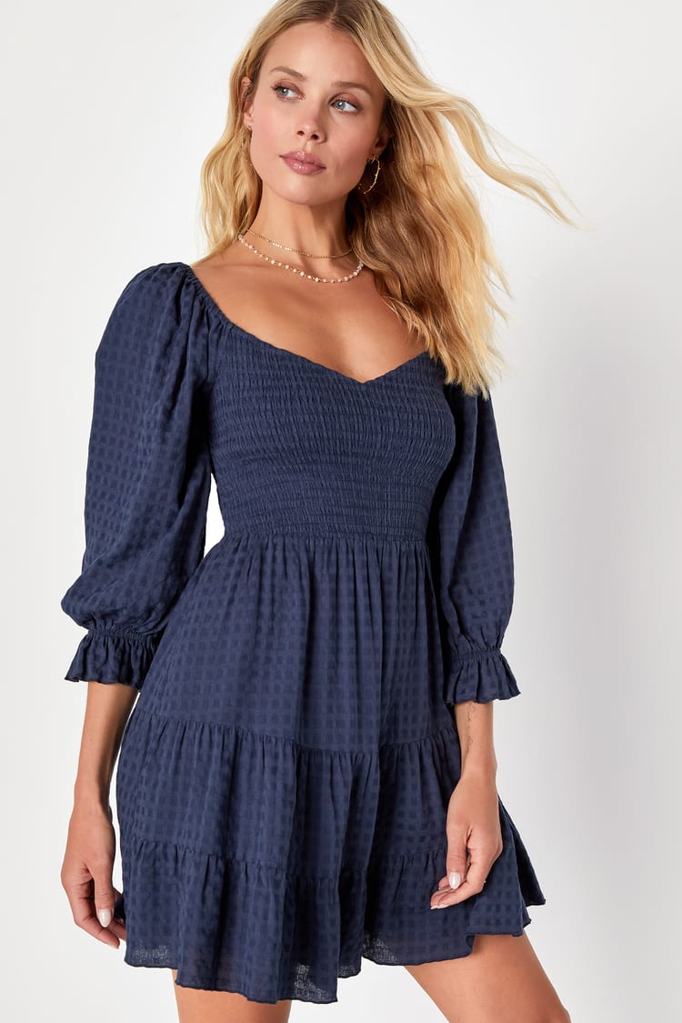 Charming Afternoon Navy Blue Gingham Balloon Sleeve Mini Dress