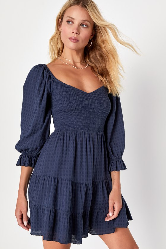 Charming Afternoon Navy Blue Gingham Balloon Sleeve Mini Dress 1