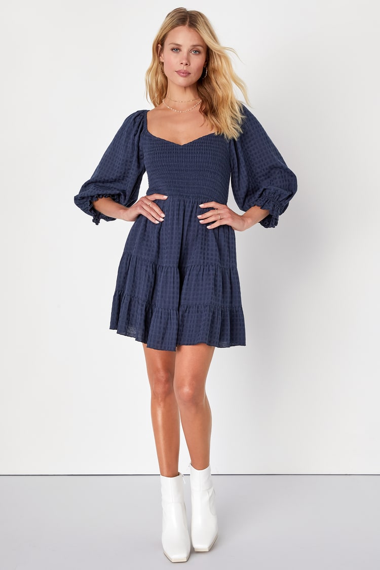 Navy Gingham Dress - Balloon Sleeve Mini Dress - Smocked Dress