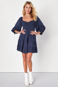 Charming Afternoon Navy Blue Gingham Balloon Sleeve Mini Dress 4