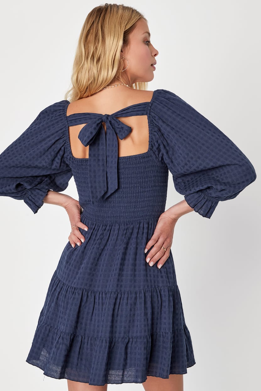 Charming Afternoon Navy Blue Gingham Balloon Sleeve Mini Dress