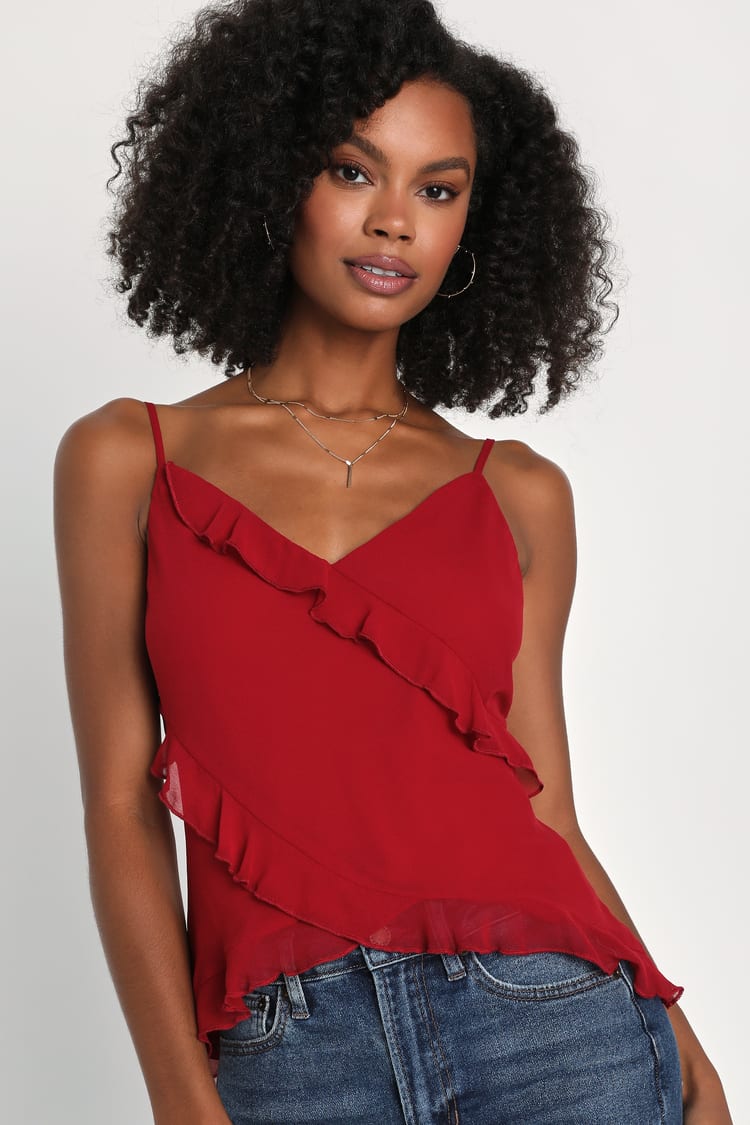 Stylish Sweetness Wine Red Chiffon Ruffled Cami Top