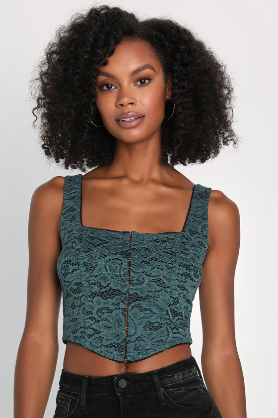 Lulus Effortless Nights Teal Lace Cropped Corset Tank Top