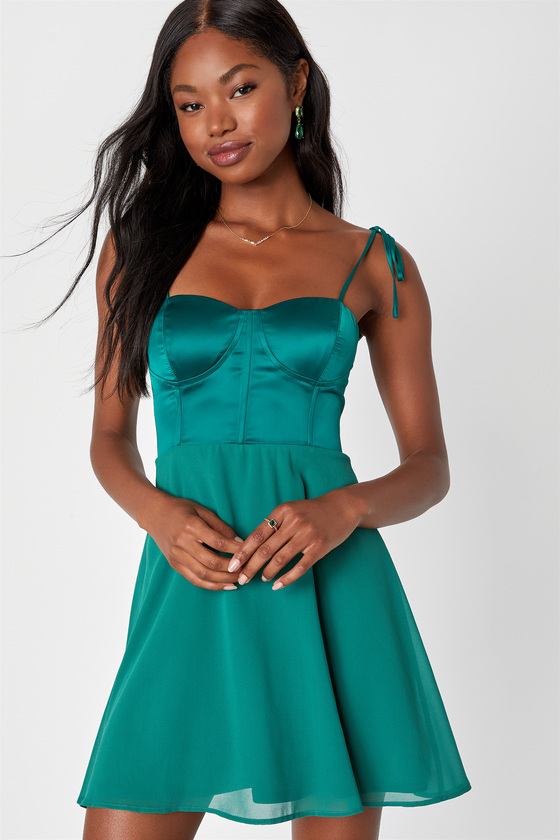 Lulus Flirty Persona Green Satin Bustier Tie-strap Skater Mini Dress