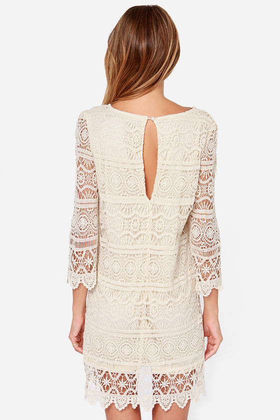 Cream Crochet Dress Shift Dress Long Sleeve Dress 65.00