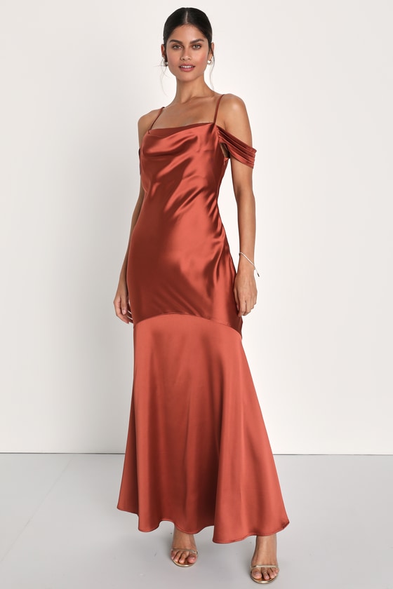 Lulus Regal Essence Rust Satin Cowl Neck Cold-shoulder Maxi Dress In Brown