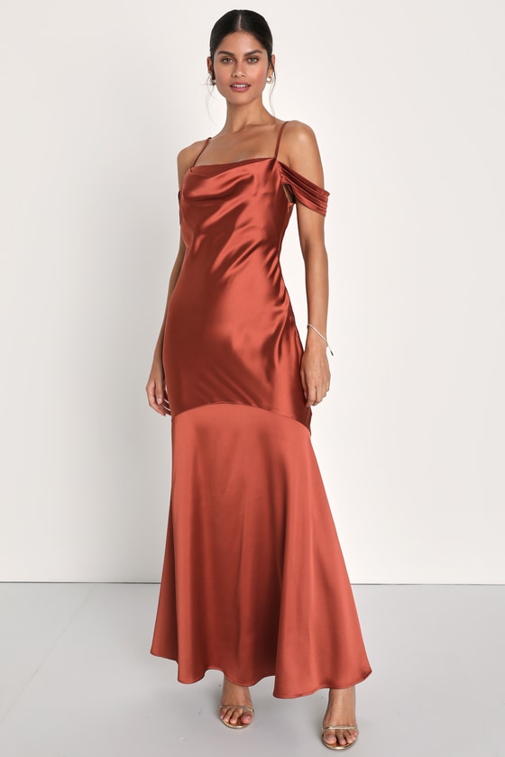 Rust Solid Gather-Bodice Straight-Neck Maxi Dress main image 1
