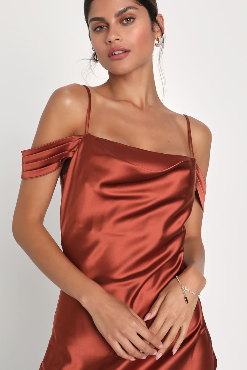 rust satin cowl neck dress Rust Satin Cowl Neck Midi Bodycon Dress