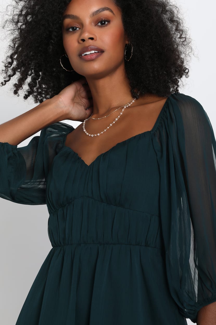 Emerald Green Chiffon Dress - Balloon Sleeve Dress - Mini Dress 