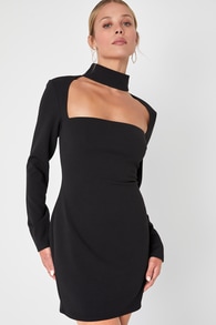 Flirty Business Black Long Sleeve Mock Neck Cutout Mini Dress