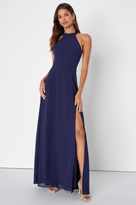 Confidently Charismatic Navy Blue Backless Halter Maxi Dress