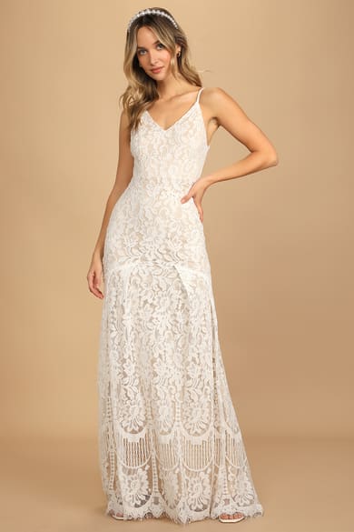 Lace Applique White Simple A Line Elopement Dress for Beach Wedding -  Ever-Pretty US