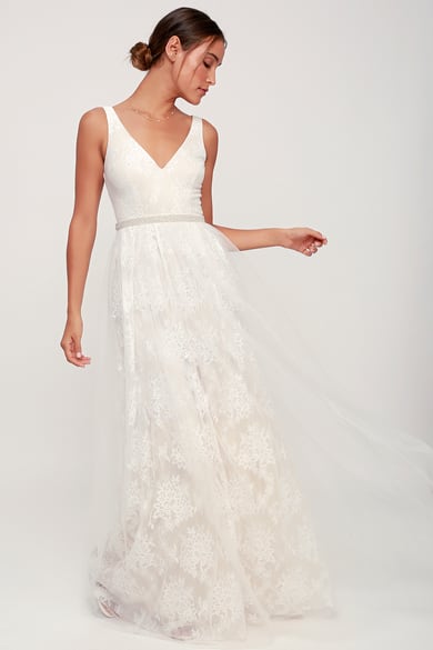 Height of Love White Embroidered Beaded Backless A-Line Gown