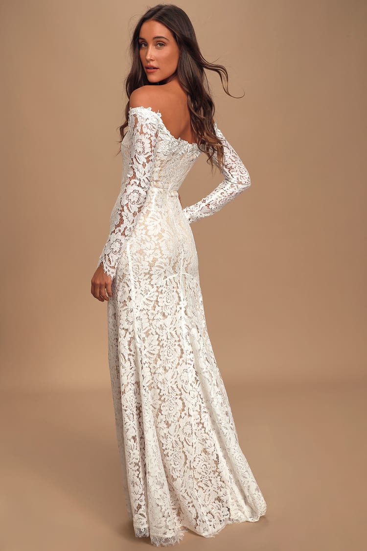 Lulus | Romance Dreamer White Lace Off-The-Shoulder Maxi Dress | Size Small | 100% Polyester