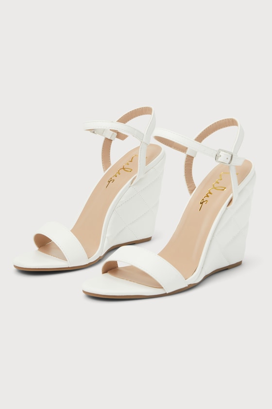Tamera White Quilted Ankle Strap Wedge Sandals 6