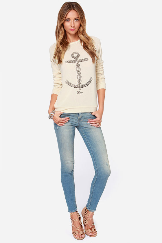 Obey Knit Anchor Print Cream Sweater