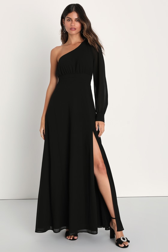 Lulus Graceful Elegance Black One-shoulder Long Sleeve Maxi Dress