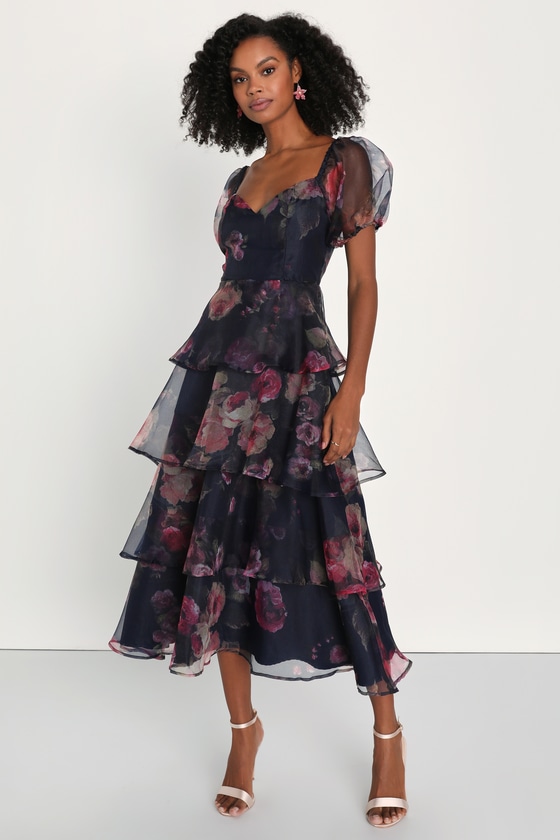 Navy Blue Floral Dress - Floral Organza Dress - Tiered Midi Dress - Lulus