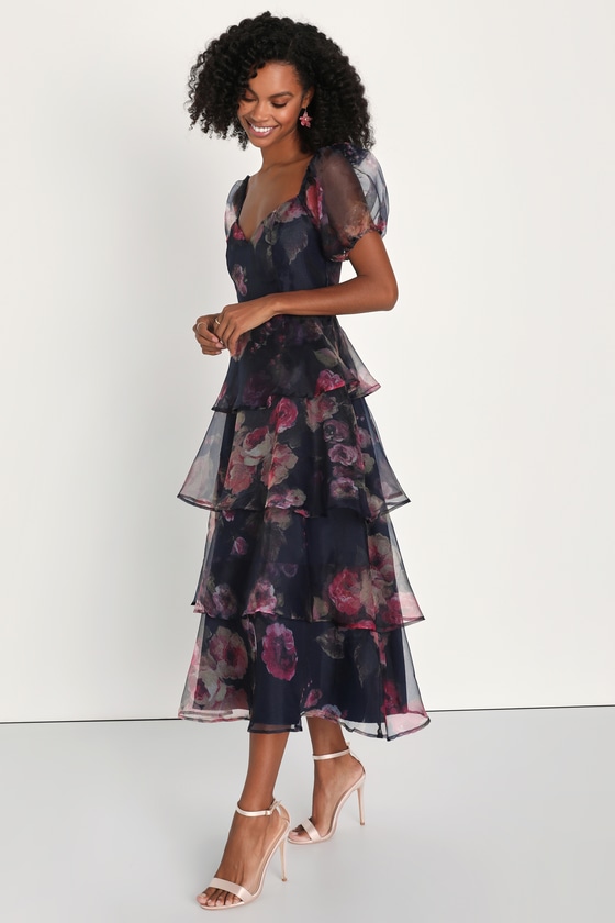 Navy Blue Floral Dress - Floral Organza Dress - Tiered Midi Dress - Lulus