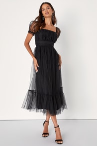 Flawless Aura Black Tulle Puff Sleeve Ruffled Midi Dress