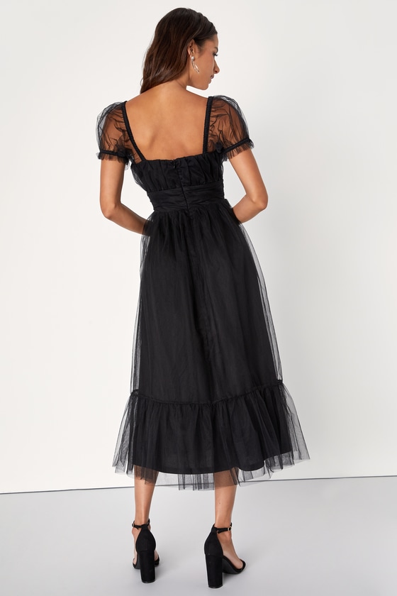 Black Tulle Dress - Puff Sleeve Midi Dress - Black Midi