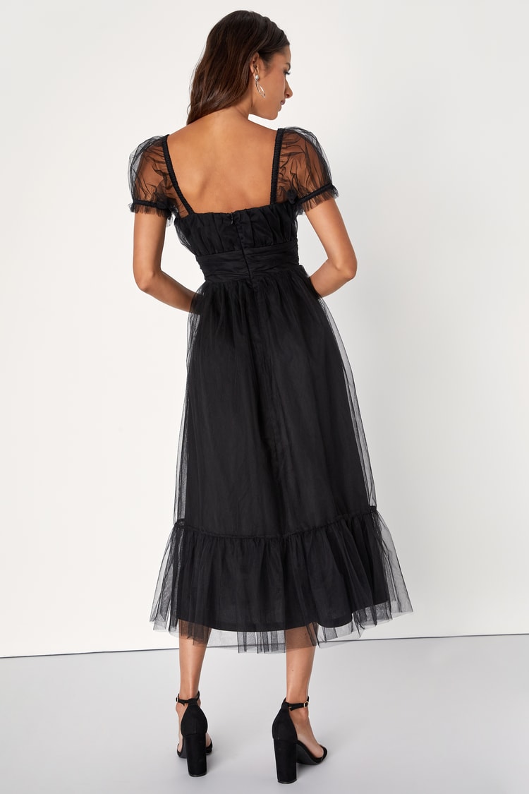 Flawless Aura Black Tulle Puff Sleeve Ruffled Midi Dress