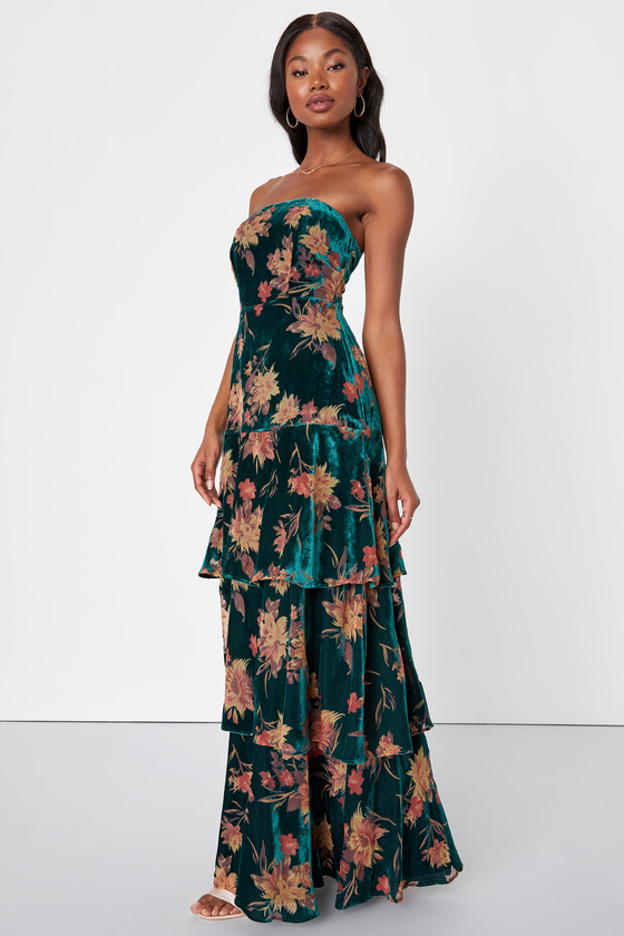 Green Velvet Dress - Floral Burnout Dress - Strapless Maxi Dress