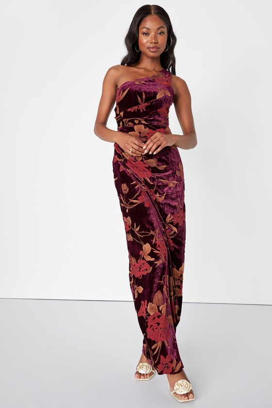 Lulus Unreal Awe Burgundy Floral Burnout Velvet One-shoulder Dress