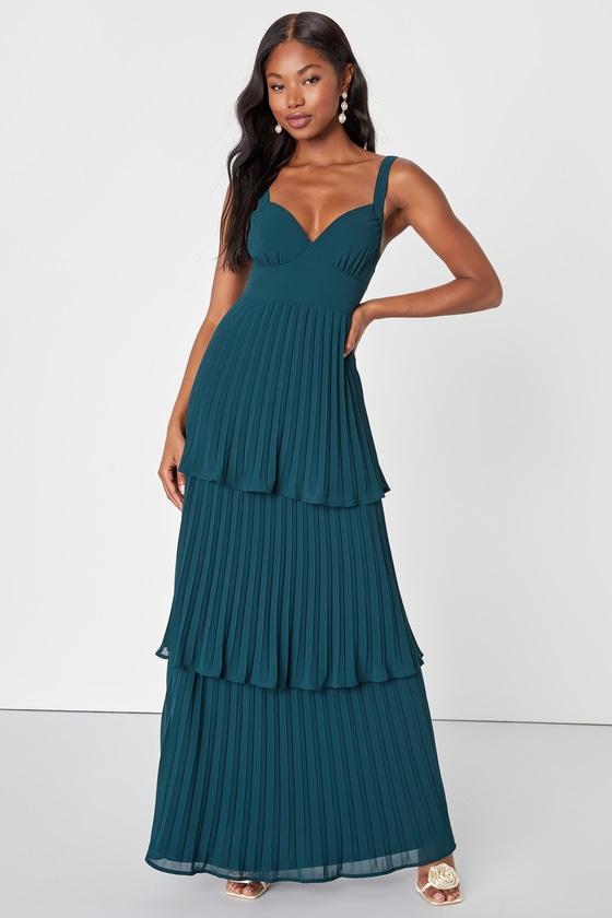 Emerald Green Pleated Dress Tiered Dress Backless Maxi Dress Lulus