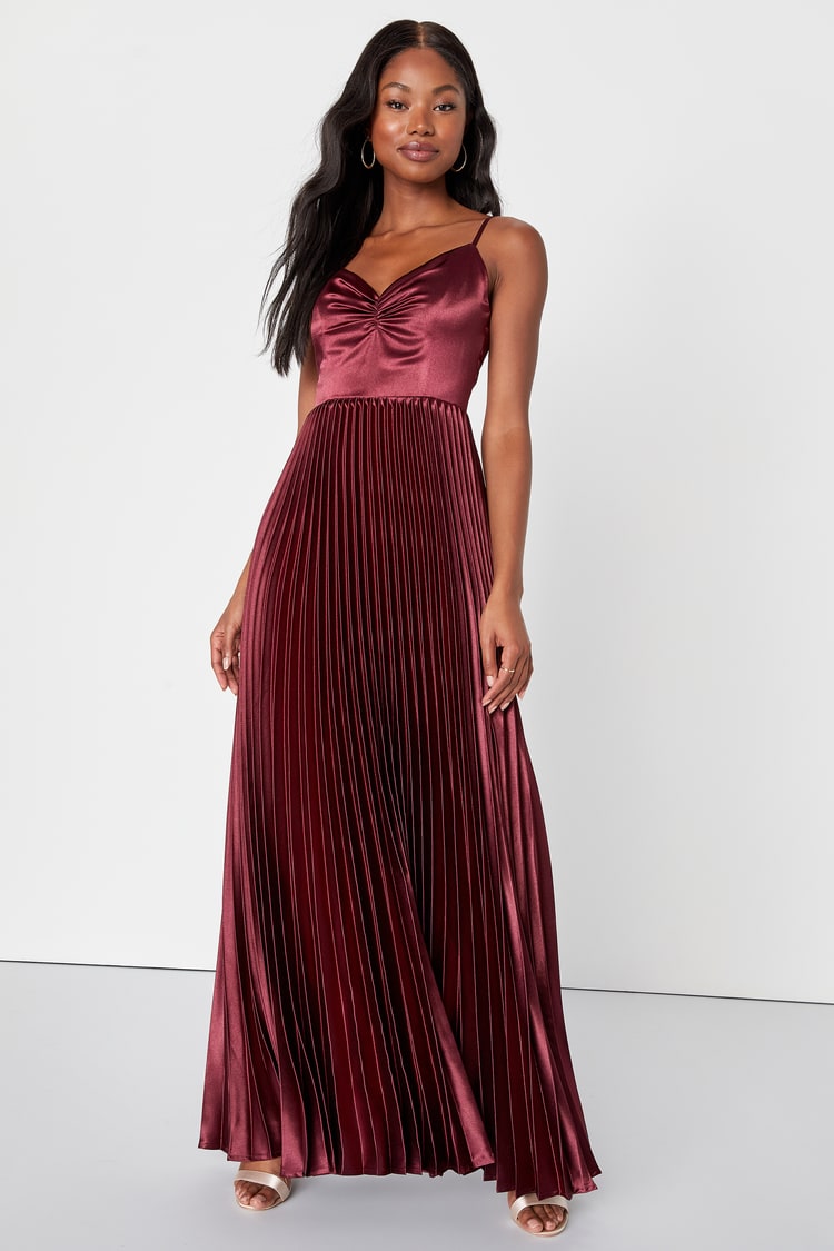 knee length dresses for ladies Burgundy Pleated Satin Dolman Sleeve Maxi Dress – PinkBlush main image 0