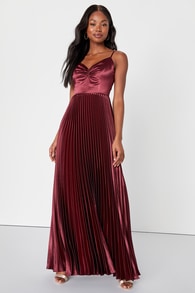 Exceptional Sophistication Burgundy Satin Pleated Maxi Dress