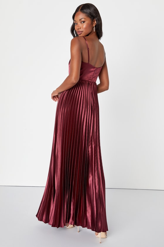 Burgundy Satin Dress - Pleated Ruched Dress - Satin Maxi Dress - Lulus