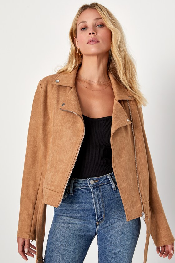 Cute Tan Moto Jacket - Faux Suede Jacket - Belted Moto Jacket - Lulus