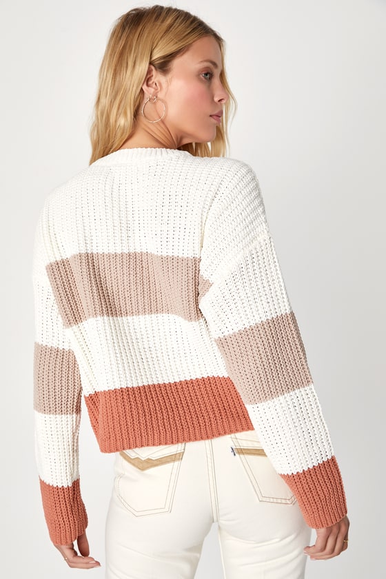 Moments of Cozy Ivory Multi Striped Crew Neck Pullover Sweater - thumbnail 3