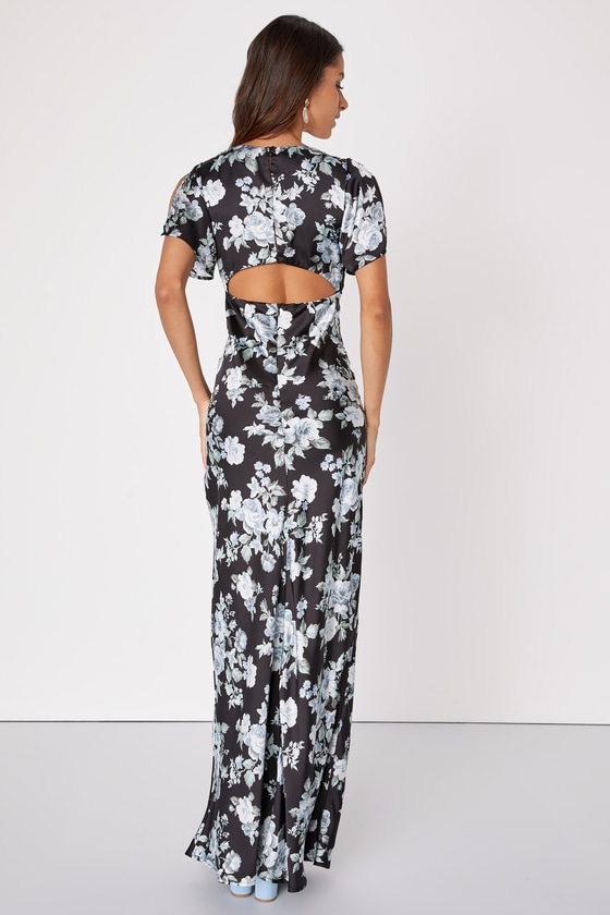Black Floral Satin Dress - Flutter Sleeve Dress - Cutout Maxi - Lulus