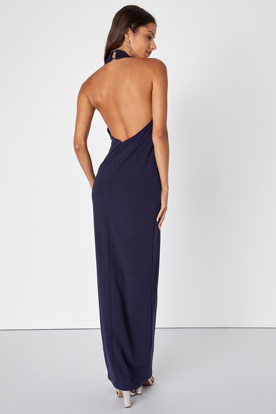 Halter Neck Maxi Dress with Pleated Bodice and Bow Details - Blue