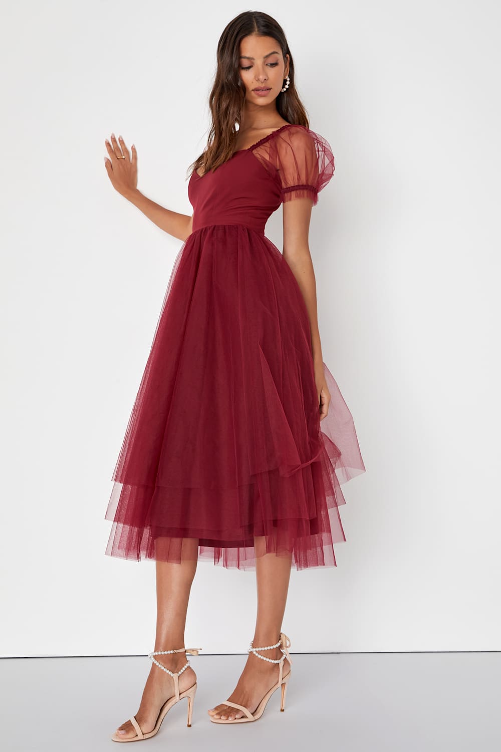 Brightly Beloved Wine Red Tulle Tiered Puff Sleeve Midi Dress