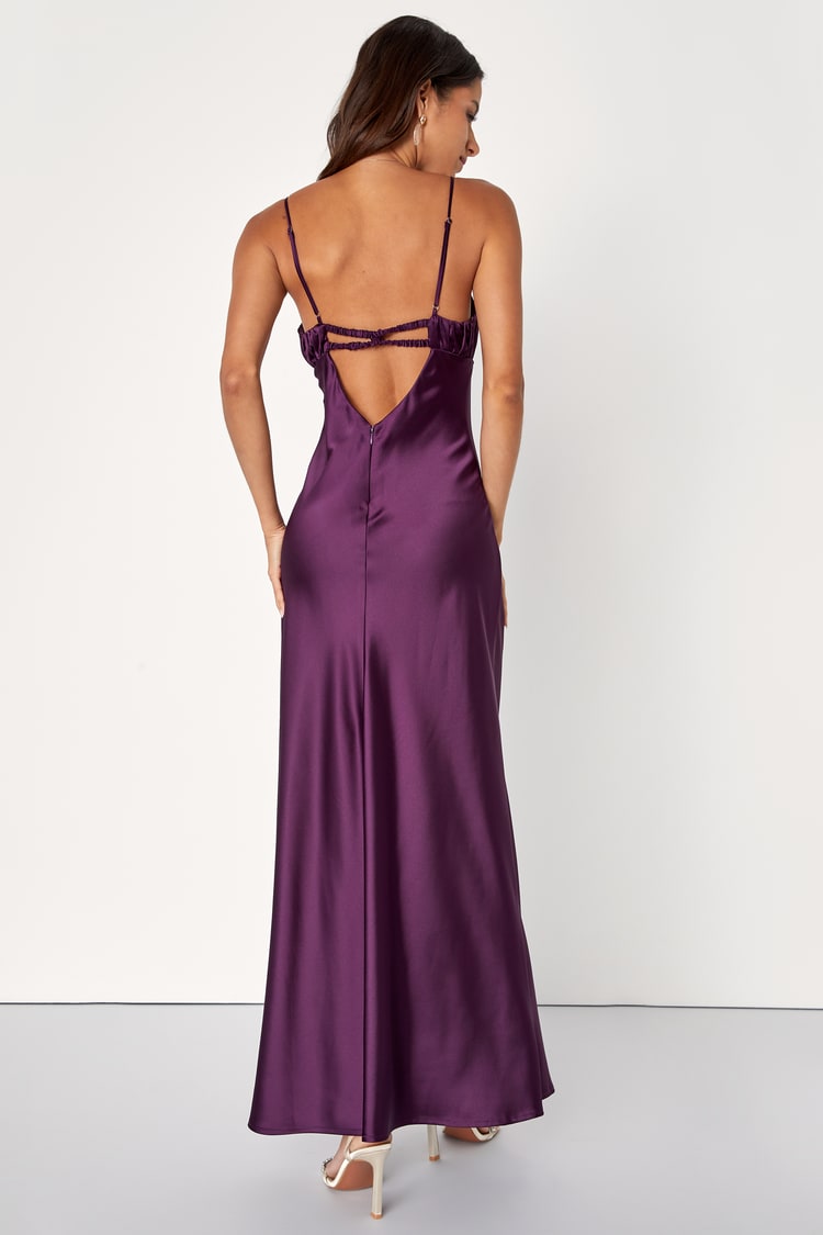 Romantic Excellence Plum Purple Satin Backless Maxi Dress