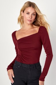Fierce Fashion Wine Red Ruched Asymmetrical Long Sleeve Bodysuit