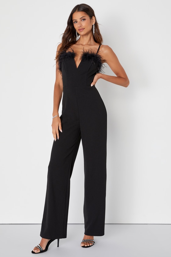 Lulus Glamorous Personality Black Feather Wide-leg Jumpsuit