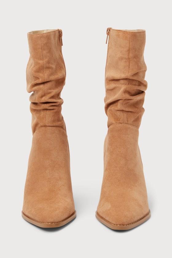 Penelopie Light Nude Suede Pointed-Toe Mid-Calf Boots - thumbnail 4