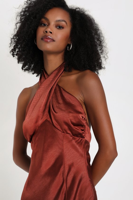 Brown Satin Maxi Dress - Halter Maxi Dress - Satin Dress - Lulus