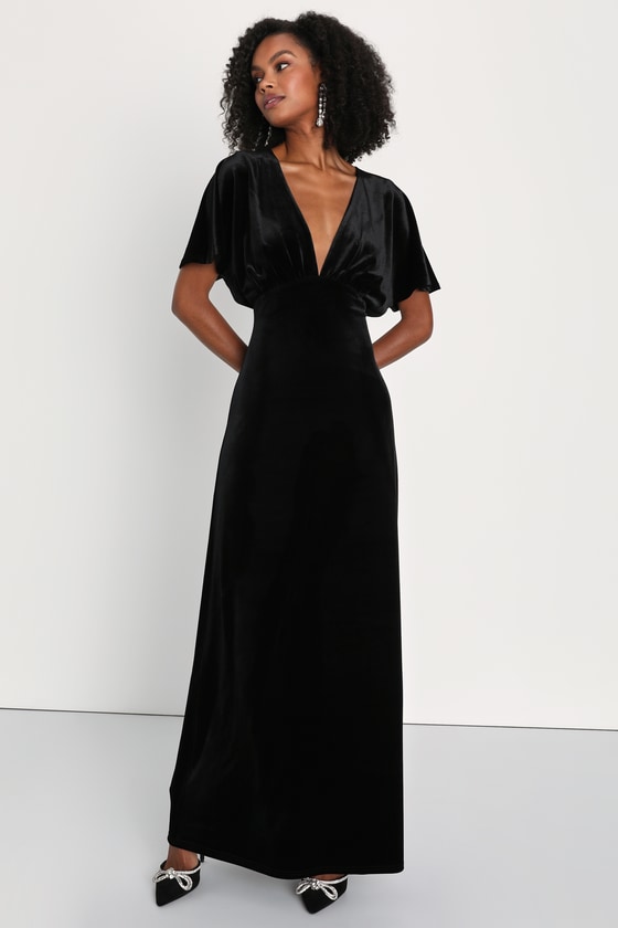 Black Velvet Dress - Flutter Sleeve Dress - Black Maxi Dress - Lulus