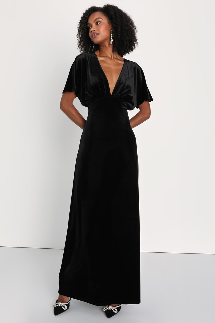 fitted lace wedding dress Black Flutter Sleeves Lace Chiffon Bridesmaid Gown main image 0