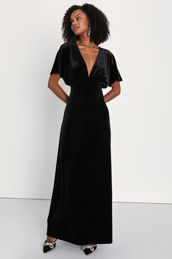 Black Velvet Dress Flutter Sleeve Dress Black Maxi Dress Lulus